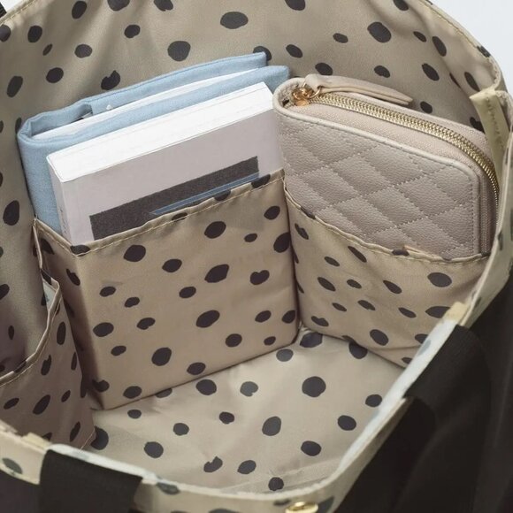 Tsumori Chisato Black Canvas Tote, 5 Organizer Pockets, Signature Cat Dot Print - Picture 6 of 9
